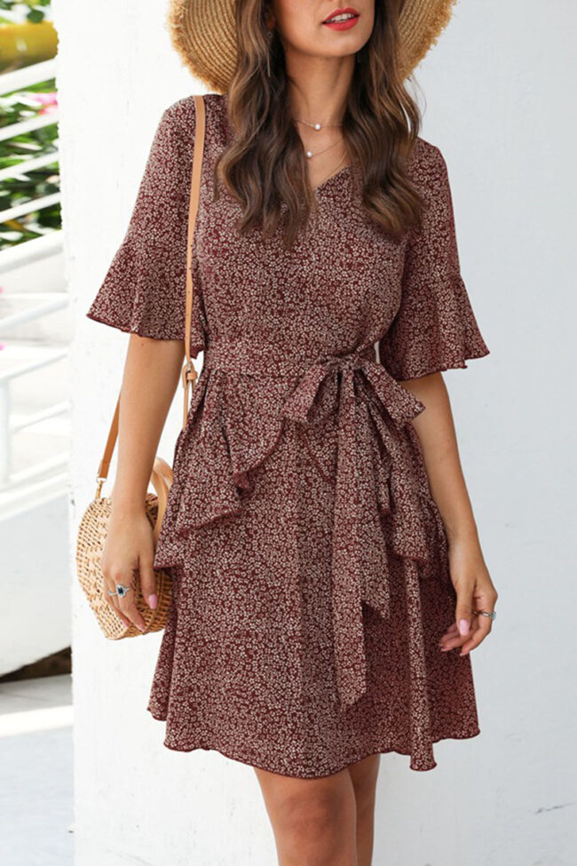 Fashion Simplicity Print Split Joint V Neck A Line Dresses