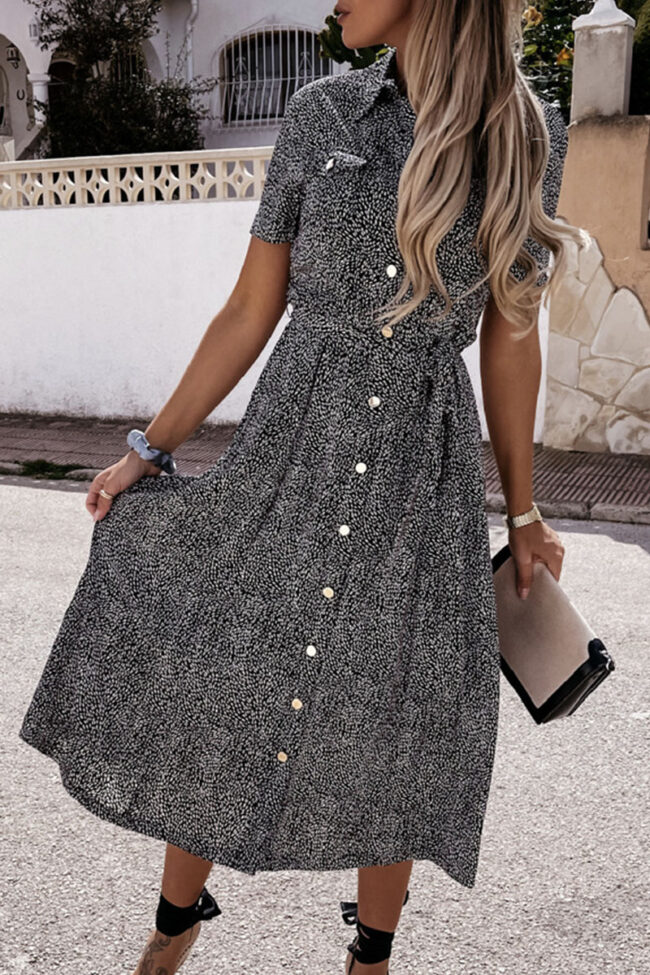 Fashion Street Print Frenulum Turndown Collar A Line Dresses