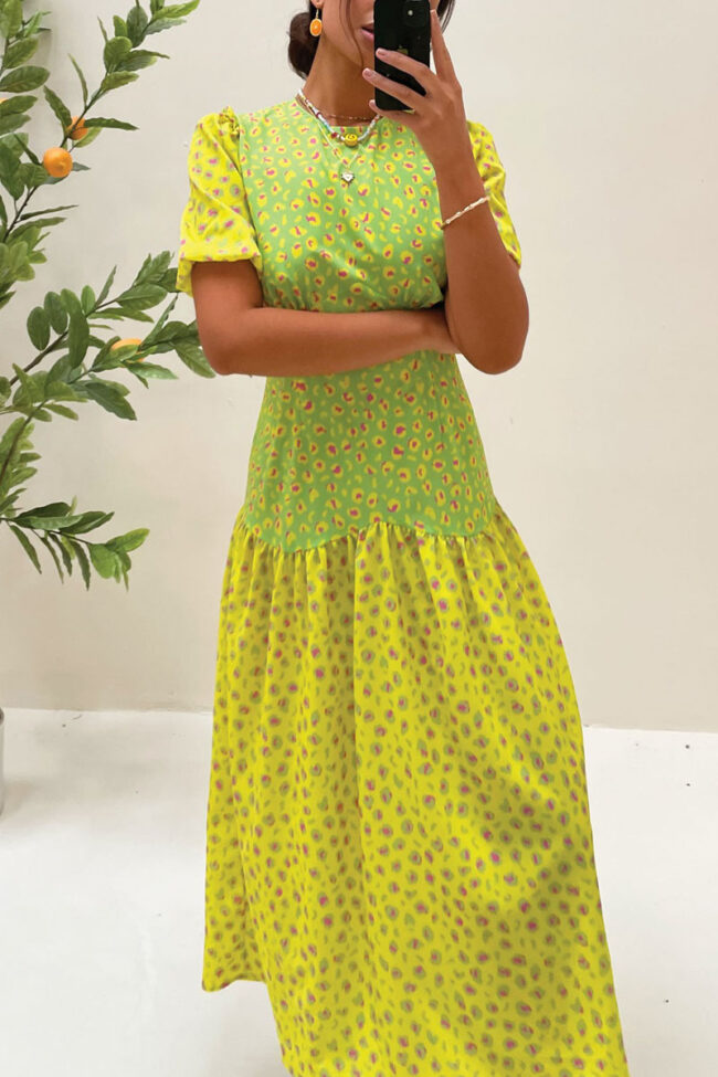 Green Leopard Print Receiving Waist All-match Maxi Dress