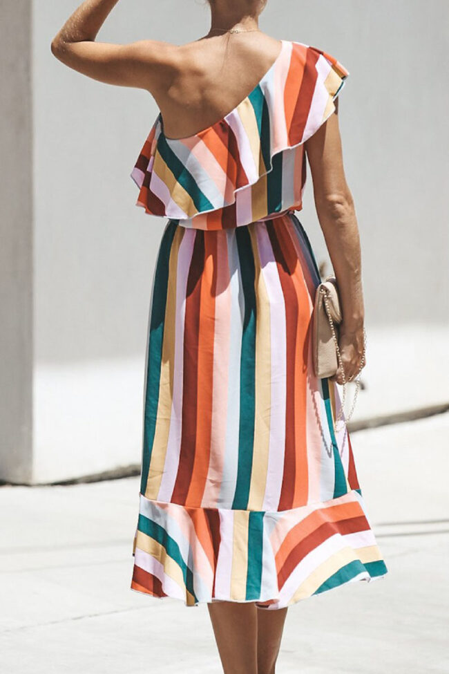 Street Striped Split Joint One Shoulder Irregular Dresses