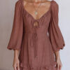 Brown Lantern Sleeve Lace Open Back Design Dress