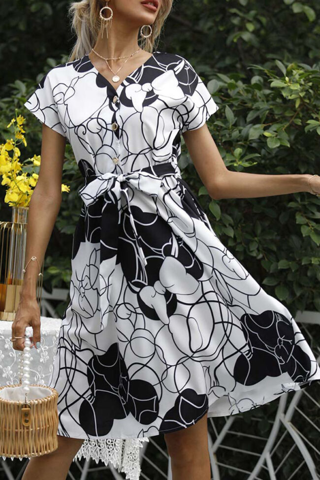 Fashion Street Print Split Joint V Neck A Line Dresses