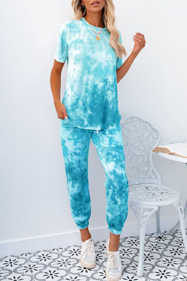 Street Tie Dye Split Joint O Neck Short Sleeve Two Pieces