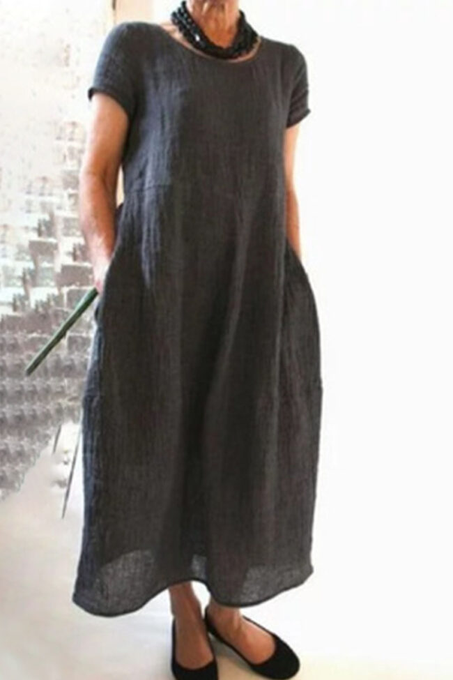 Fashion Vintage Solid Split Joint O Neck A Line Dresses