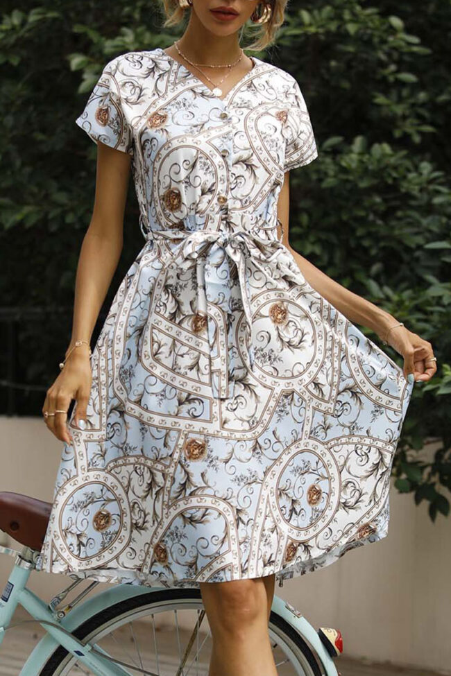 Fashion Street Print Split Joint V Neck A Line Dresses