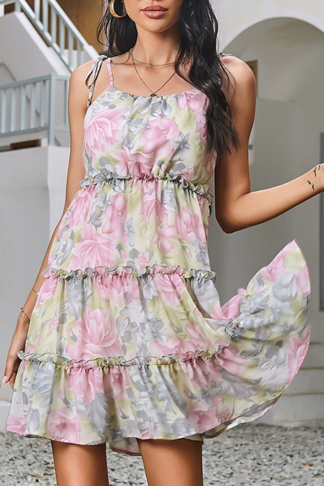 Street Print Split Joint Spaghetti Strap Cake Skirt Dresses