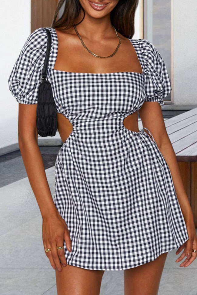 Fashion Street Plaid Print Backless Square Collar A Line Dresses