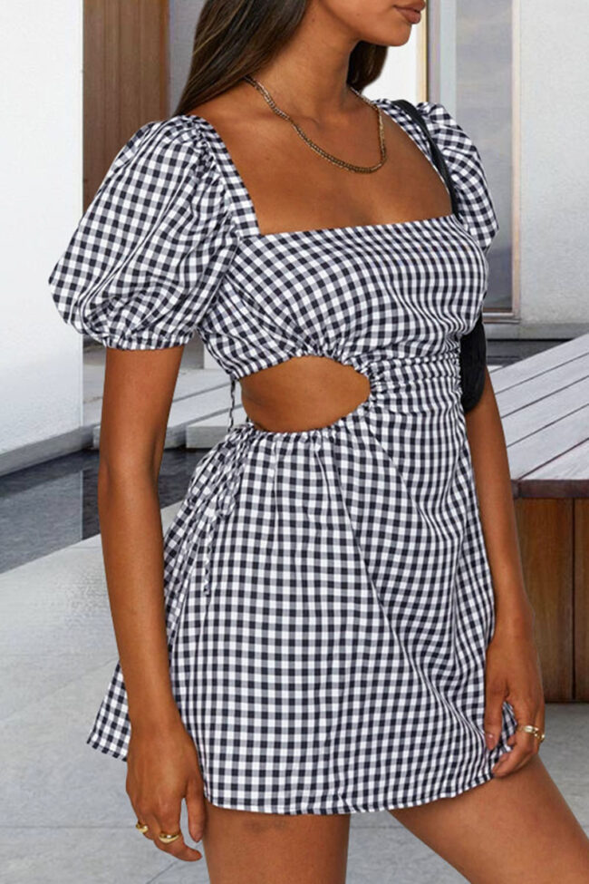 Fashion Street Plaid Print Backless Square Collar A Line Dresses