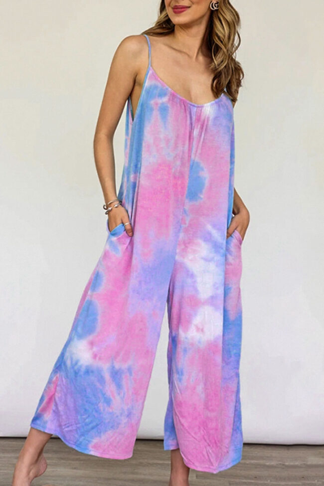 Fashion Casual Tie Dye Spaghetti Strap Loose Jumpsuits