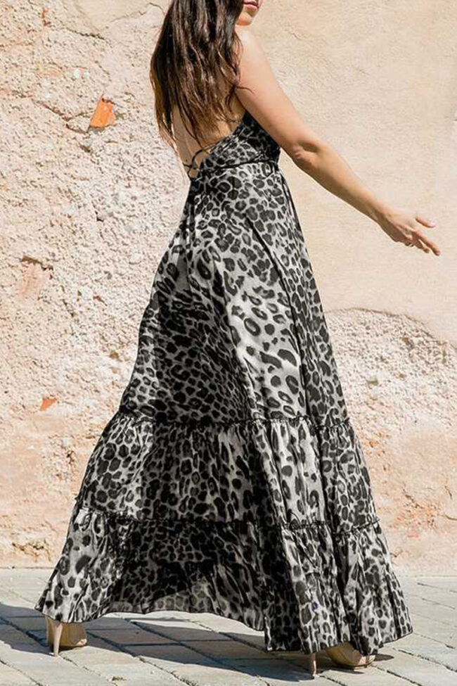 Fashion Street Leopard Backless V Neck A Line Dresses