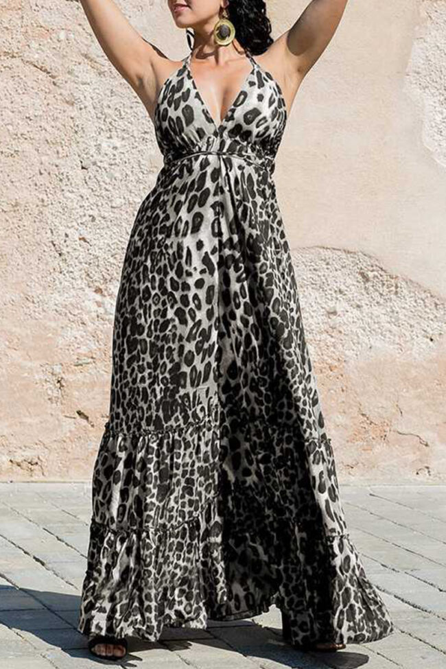 Fashion Street Leopard Backless V Neck A Line Dresses