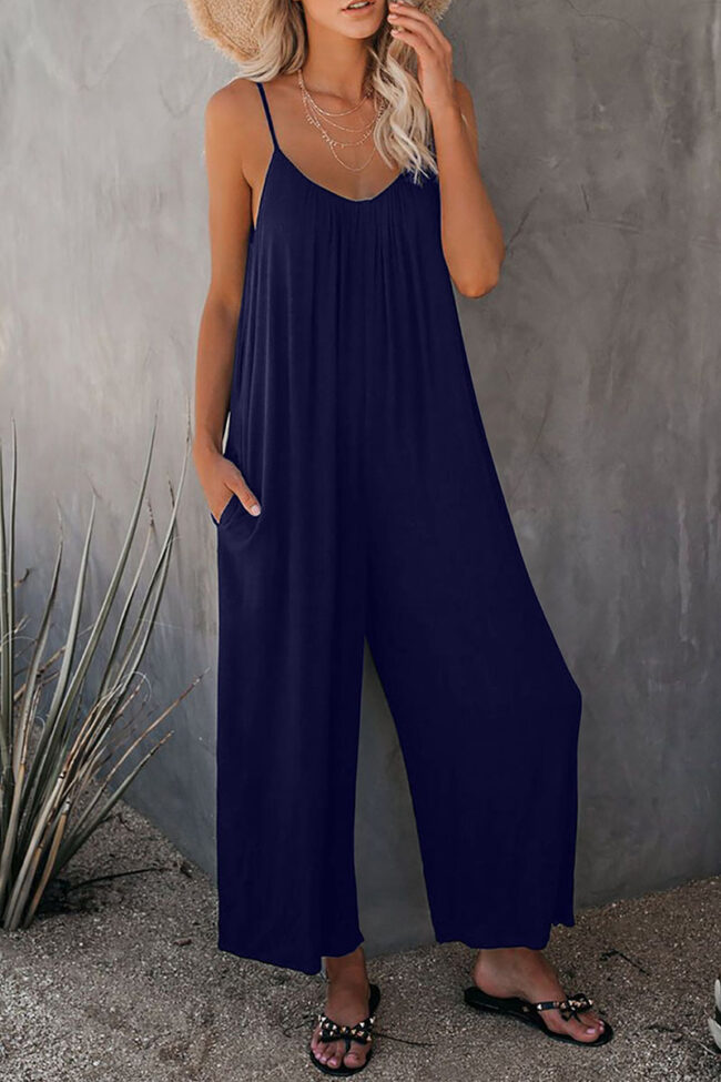 Fashion Casual Solid Spaghetti Strap Loose Jumpsuits