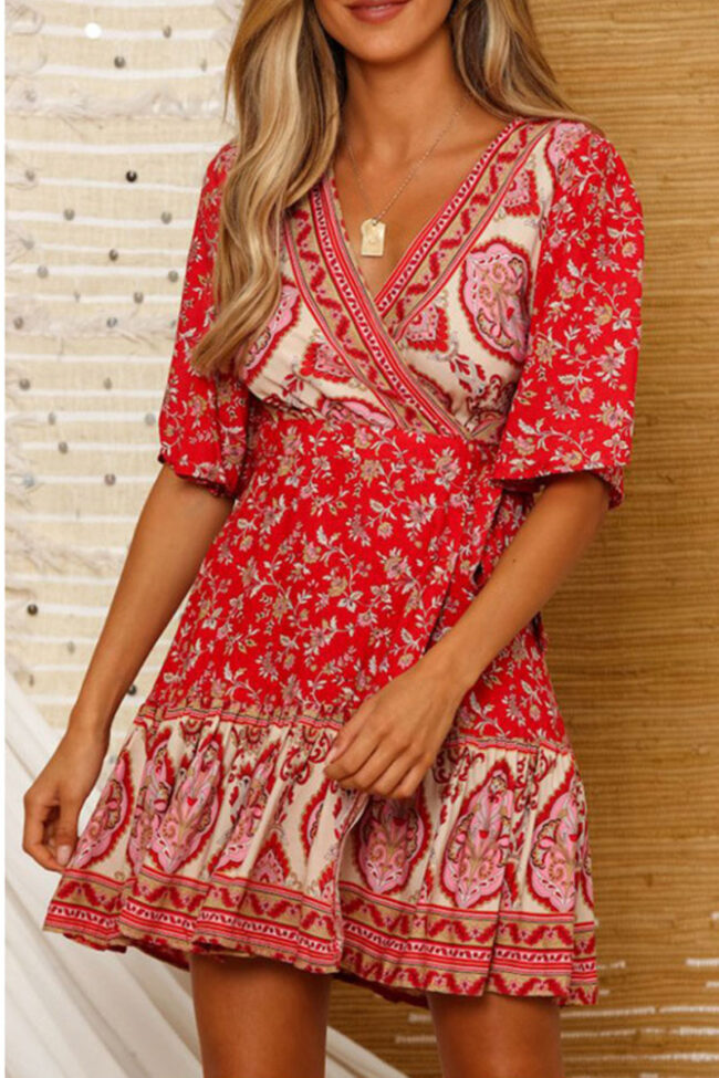 Fashion Street Print Split Joint V Neck A Line Dresses