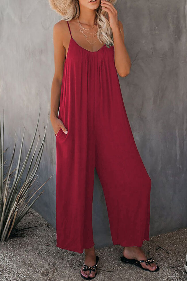 Fashion Casual Solid Spaghetti Strap Loose Jumpsuits