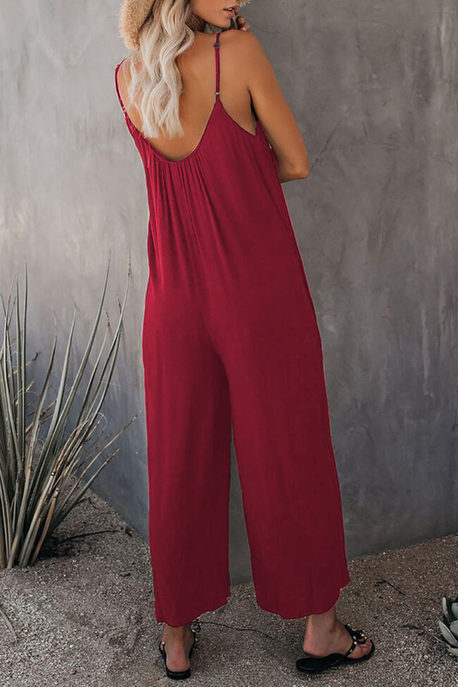 Fashion Casual Solid Spaghetti Strap Loose Jumpsuits