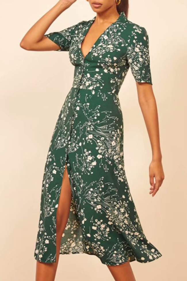 Elegant Floral Buckle High Opening V Neck A Line Dresses