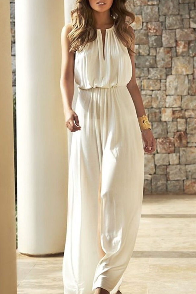 Fashion Street Solid Split Joint O Neck Loose Jumpsuits