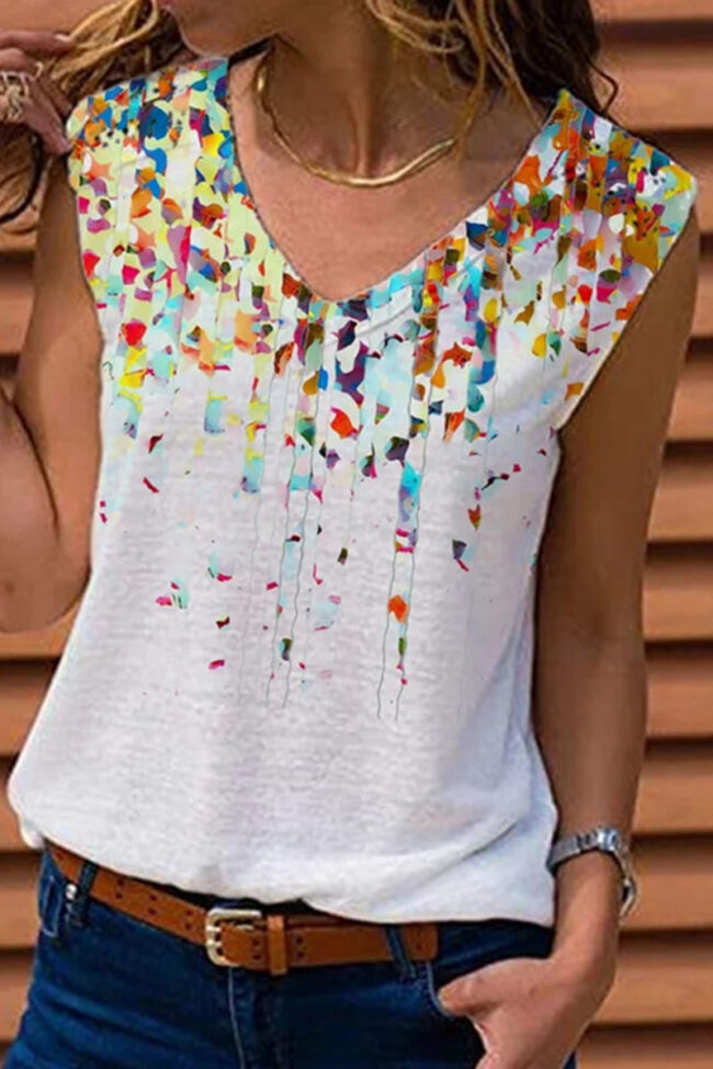 Fashion Casual Print Split Joint V Neck T-Shirts