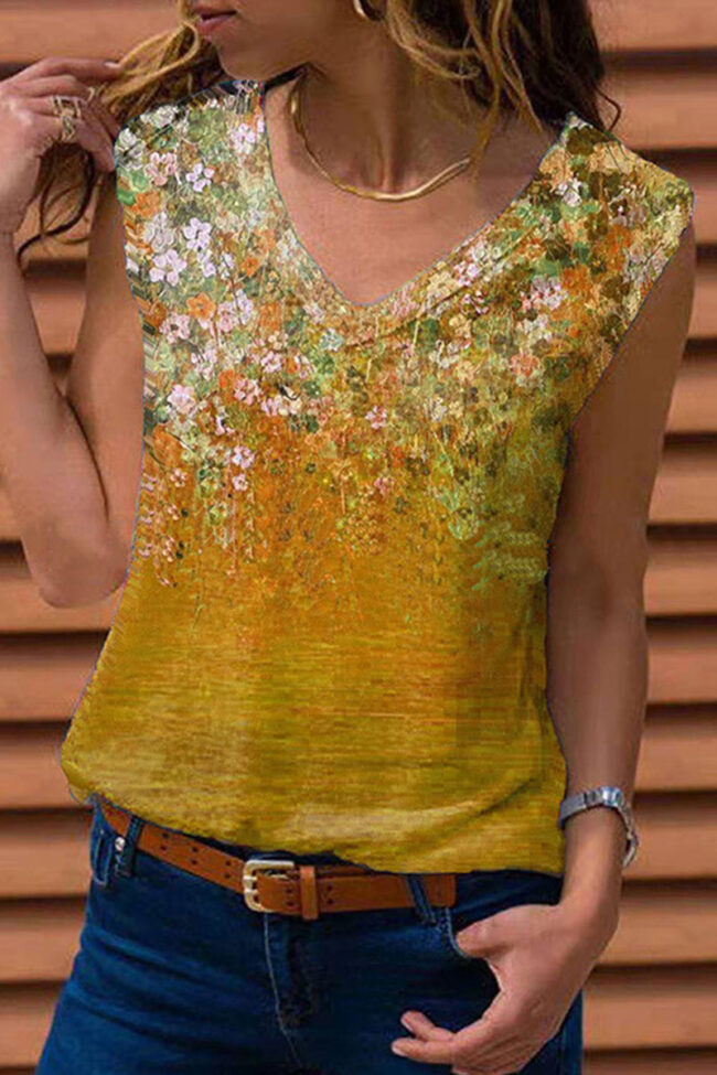 Fashion Casual Print Split Joint V Neck T-Shirts