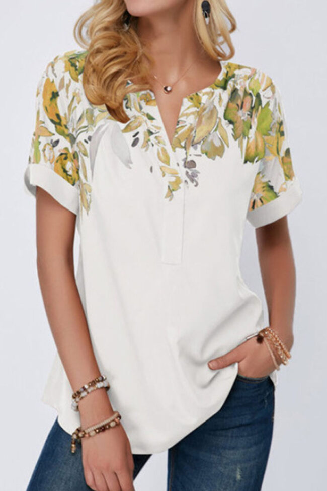 Fashion Casual Print Split Joint V Neck T-Shirts