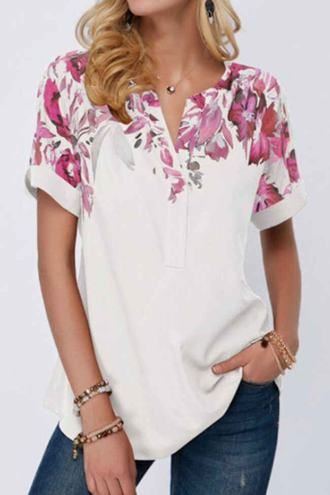 Fashion Casual Print Split Joint V Neck T-Shirts