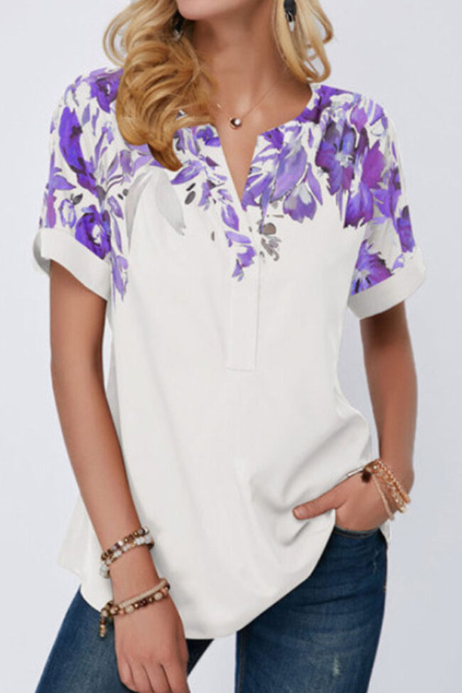 Fashion Casual Print Split Joint V Neck T-Shirts