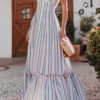 Street Striped Split Joint Backless V Neck Princess Dresses