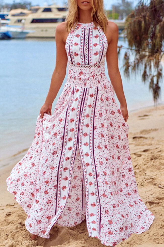 Fashion Bohemian Print Split Joint O Neck A Line Dresses