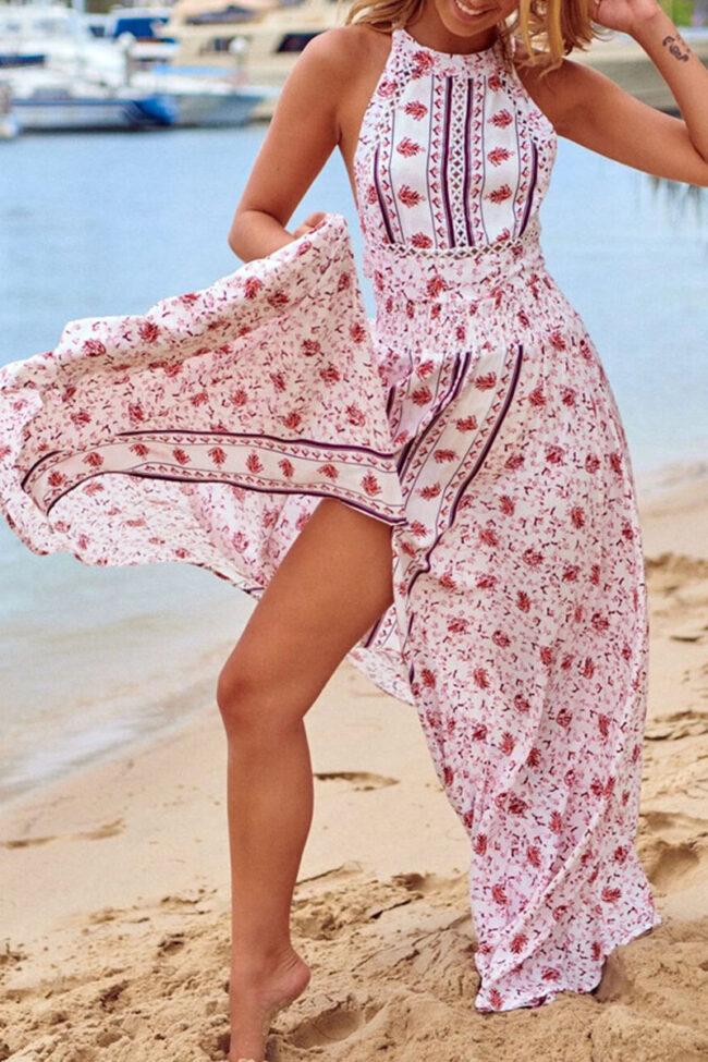 Fashion Bohemian Print Split Joint O Neck A Line Dresses