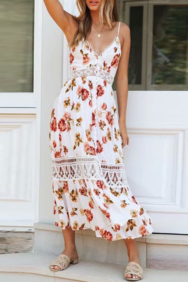 Fashion Street Print Split Joint V Neck A Line Dresses