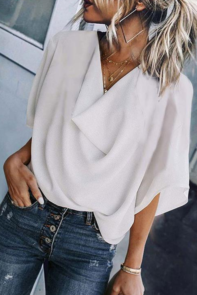 Casual Solid Split Joint V Neck Tops