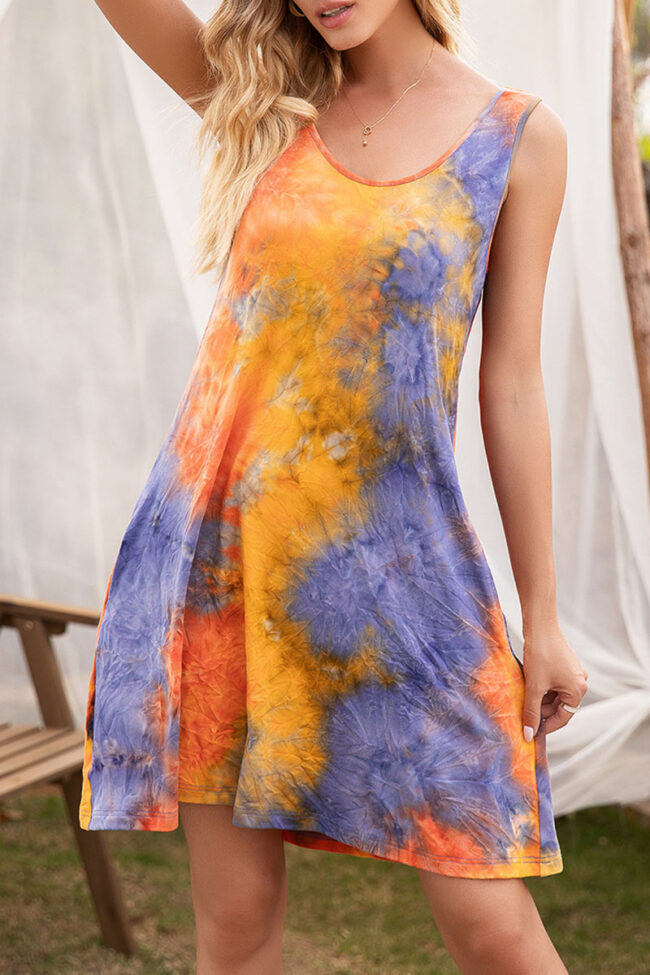 Fashion Casual Tie Dye Split Joint O Neck A Line Dresses