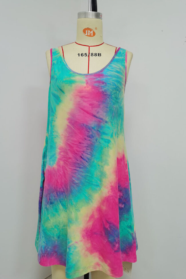 Fashion Casual Tie Dye Split Joint O Neck A Line Dresses