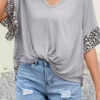 Fashion Casual Leopard Split Joint V Neck T-Shirts