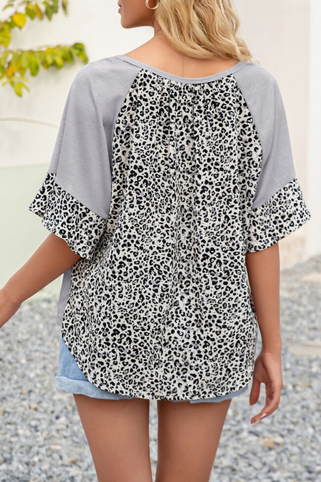 Fashion Casual Leopard Split Joint V Neck T-Shirts