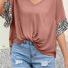 Fashion Casual Leopard Split Joint V Neck T-Shirts