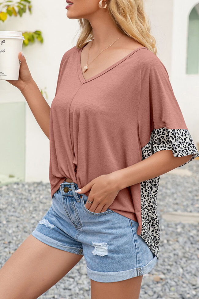 Fashion Casual Leopard Split Joint V Neck T-Shirts