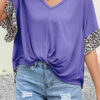 Fashion Casual Leopard Split Joint V Neck T-Shirts