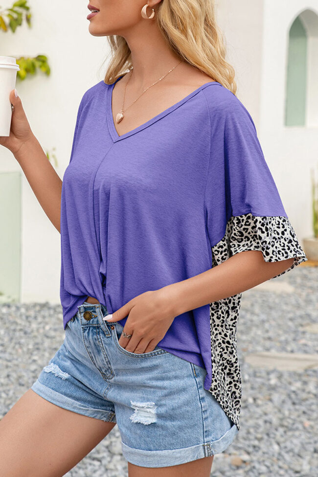 Fashion Casual Leopard Split Joint V Neck T-Shirts