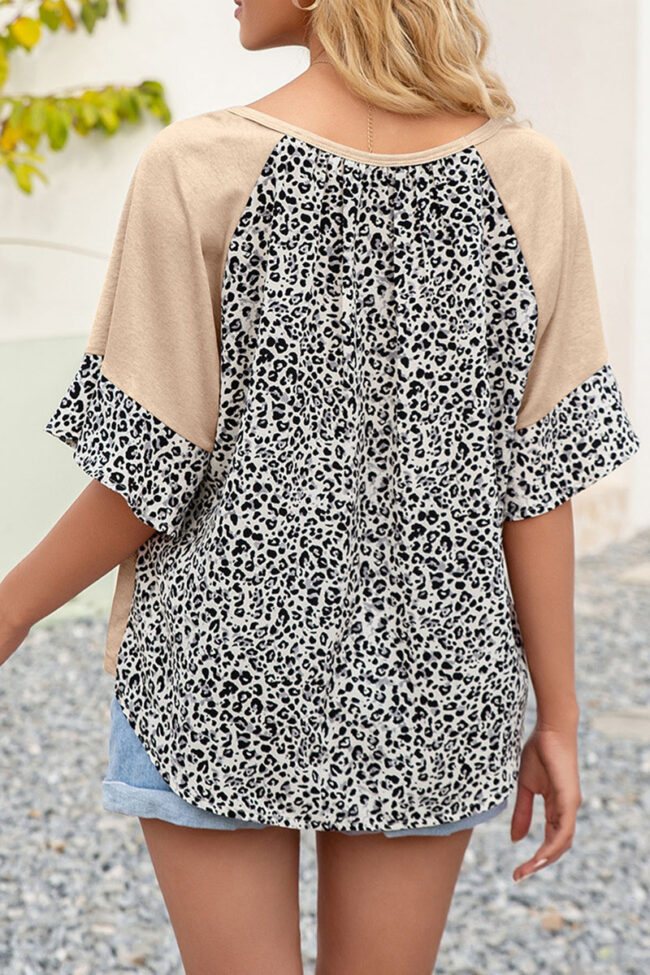 Fashion Casual Leopard Split Joint V Neck T-Shirts