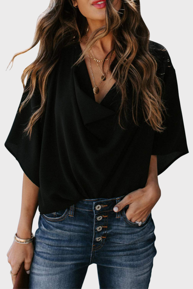 Casual Solid Split Joint V Neck Tops