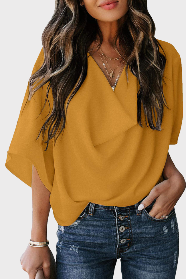 Casual Solid Split Joint V Neck Tops