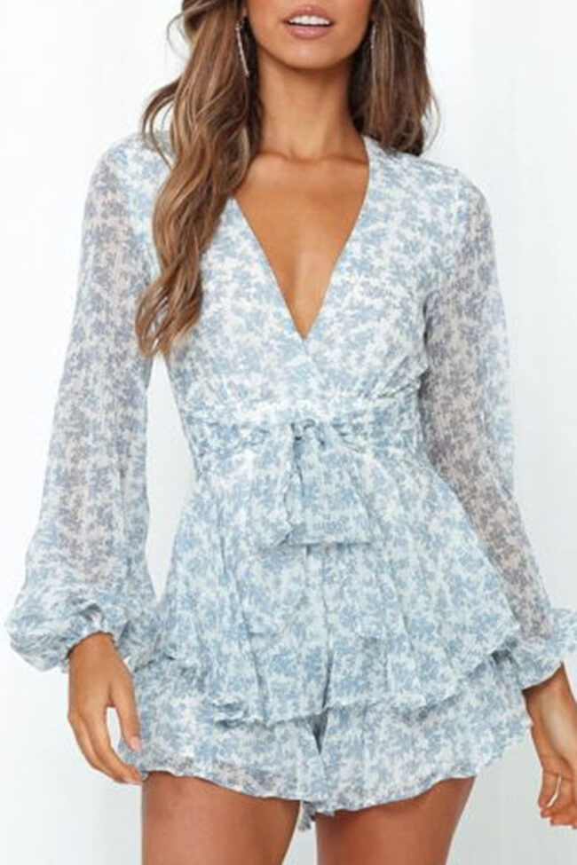 Fashion Street Print Split Joint V Neck Loose Jumpsuits