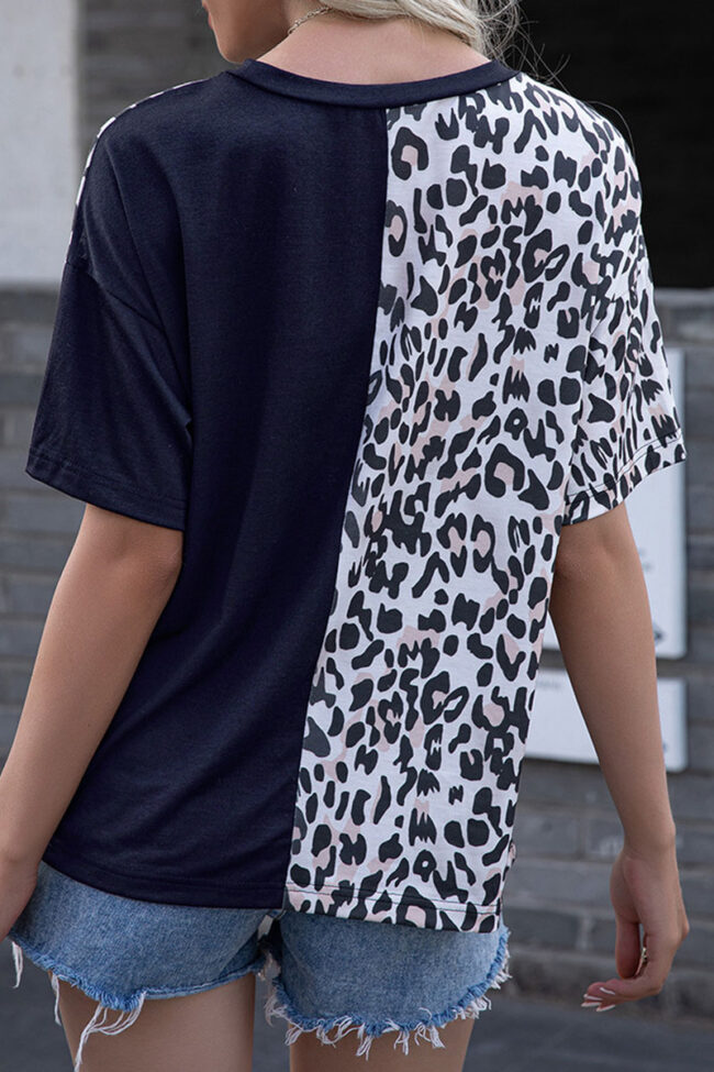 Fashion Casual Leopard Split Joint O Neck T-Shirts