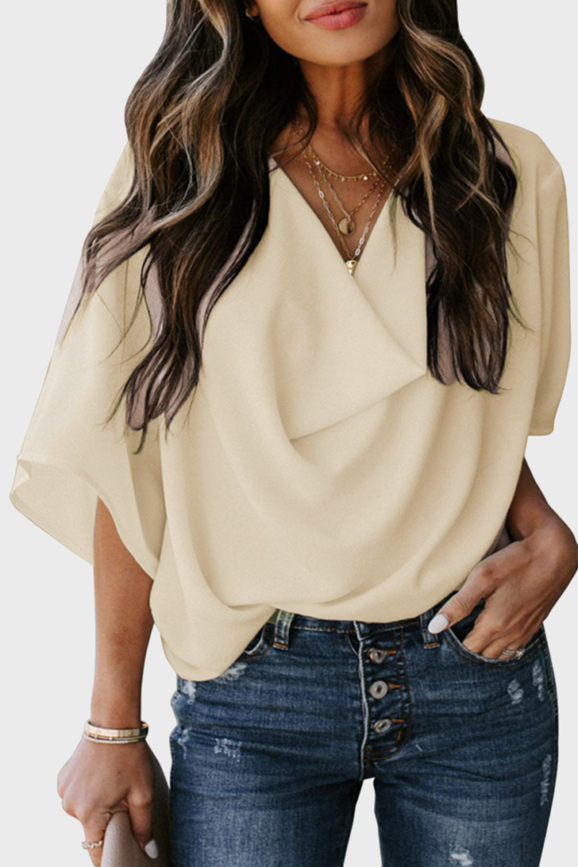 Casual Solid Split Joint V Neck Tops