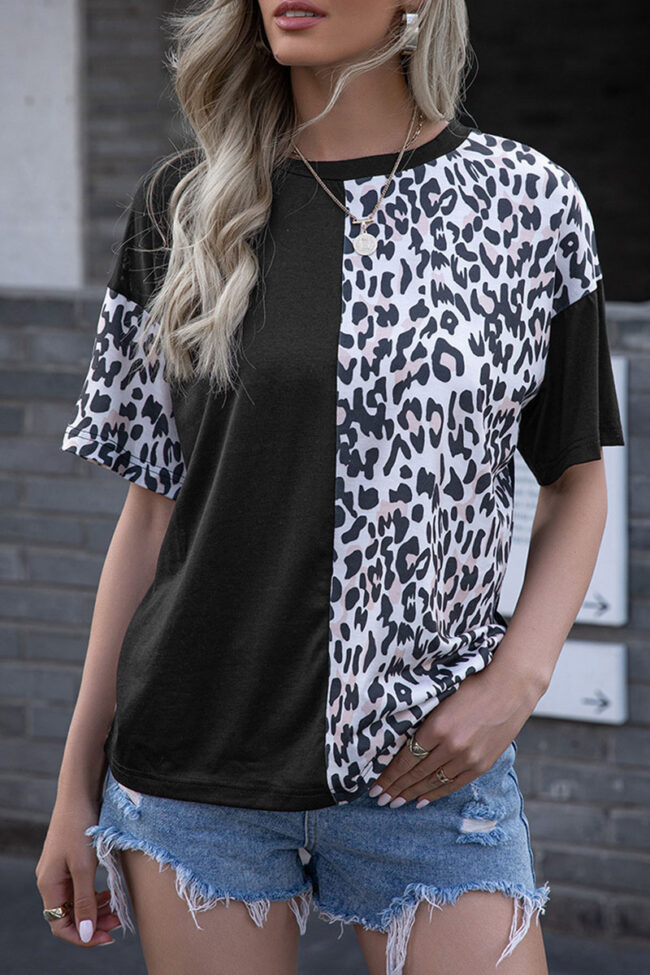 Fashion Casual Leopard Split Joint O Neck T-Shirts