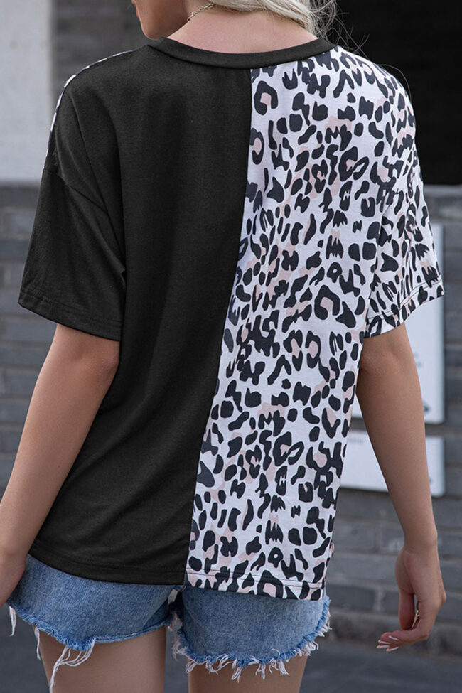 Fashion Casual Leopard Split Joint O Neck T-Shirts