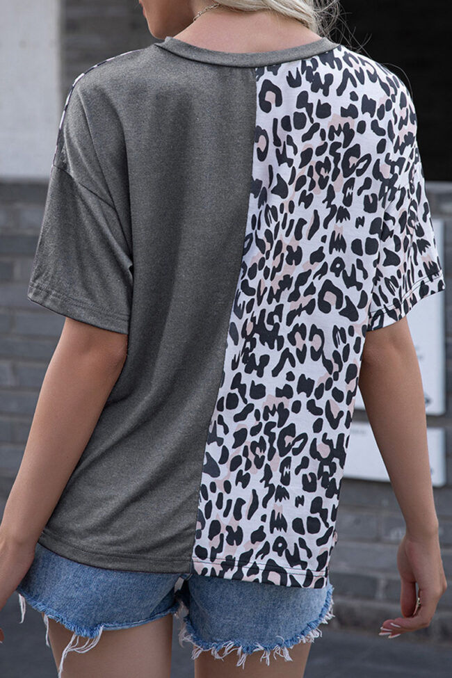 Fashion Casual Leopard Split Joint O Neck T-Shirts