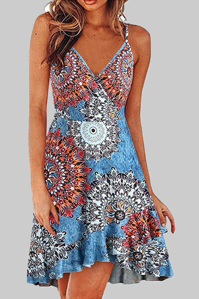 Fashion Street Print Split Joint V Neck A Line Dresses