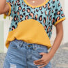 Fashion Casual Leopard Split Joint V Neck T-Shirts